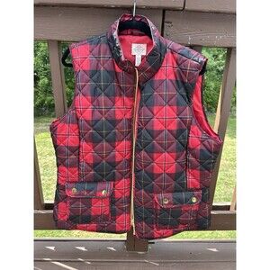 St. John's Bay Woman Plus Size 1X Full Zip Puffer Vest Black Red Tartan